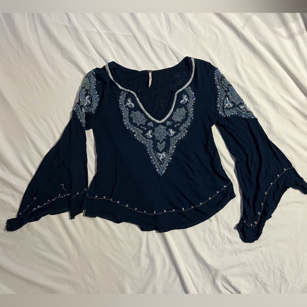 Free People navy embroidered top